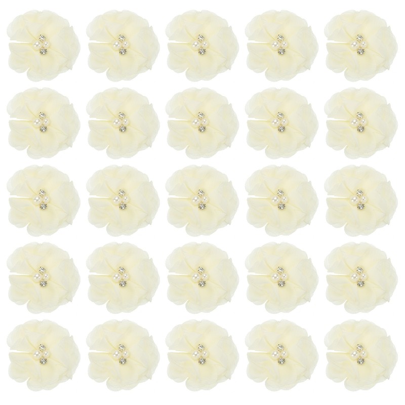 30Pcs 2″ Chiffon Flowers with Rhinestone Pearl Appliques Embellishments Beige