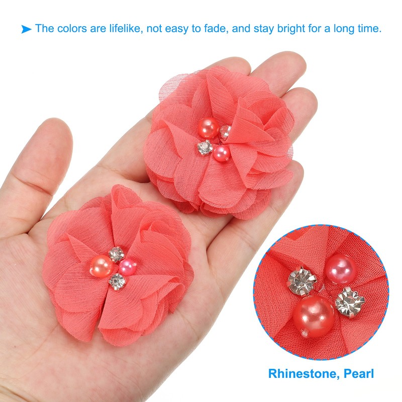 10Pcs 2" Chiffon Flowers with Rhinestone Pearl Appliques Decorate Rose Red gallery