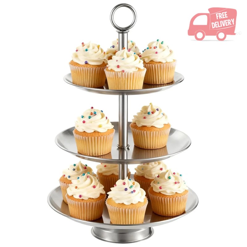 3-Tier Cupcake Stand, Large Stainless Steel Tiered Serving Tray, 7.9/9.1/10.2…
