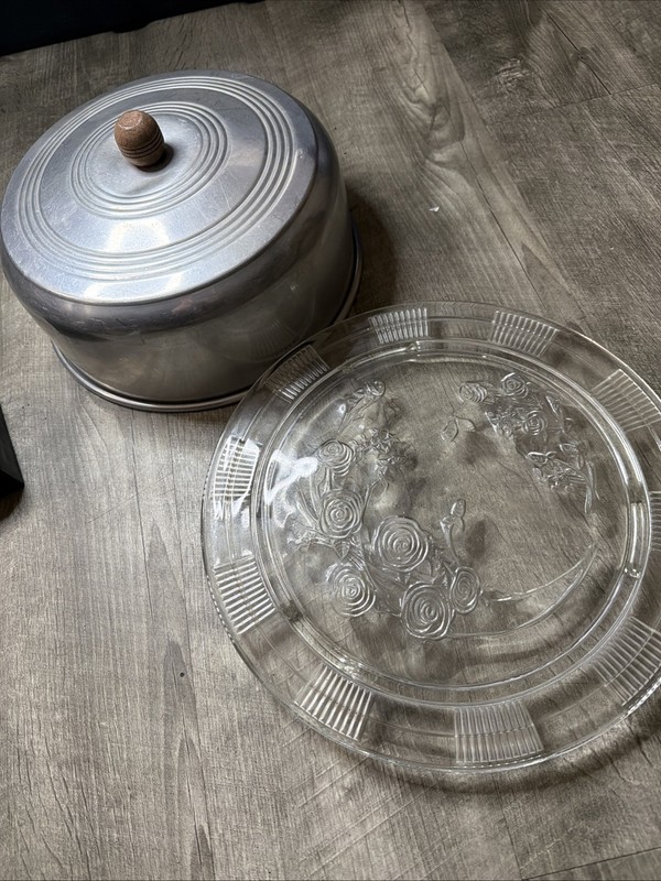 Federal Glass Clear Sharon Cabbage Rose Branch Cake Platter With Cover 11 1/4”