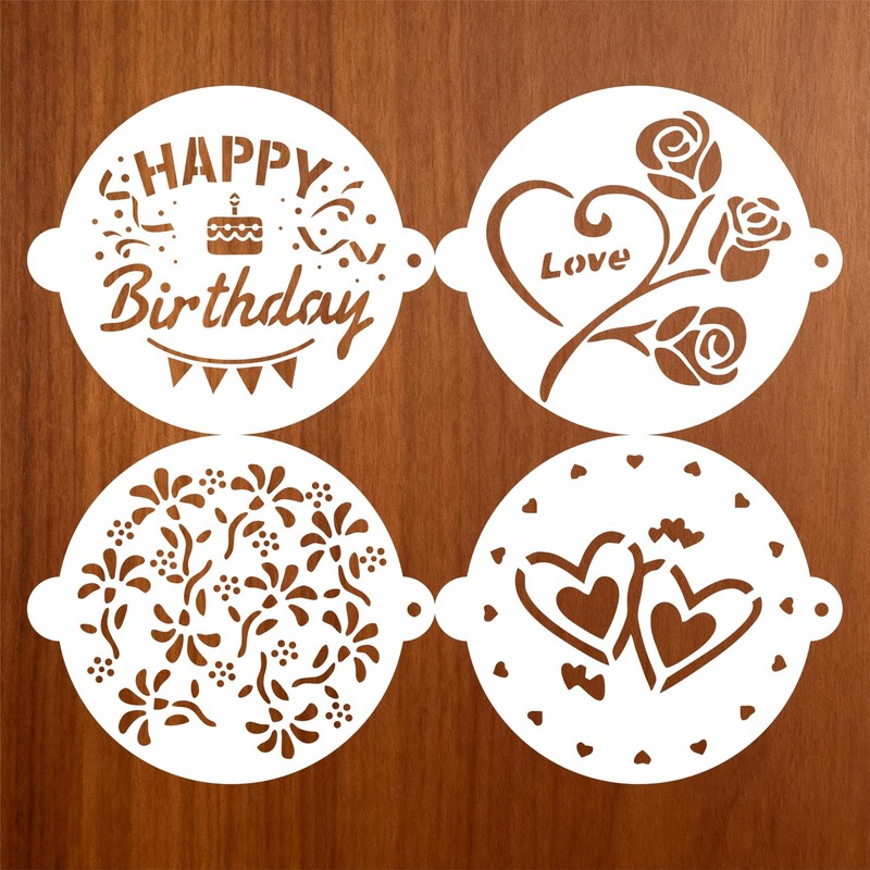 Cake Stencils Set 4 Templates – Happy Birthday, Love, Hearts, Floral – Reusab