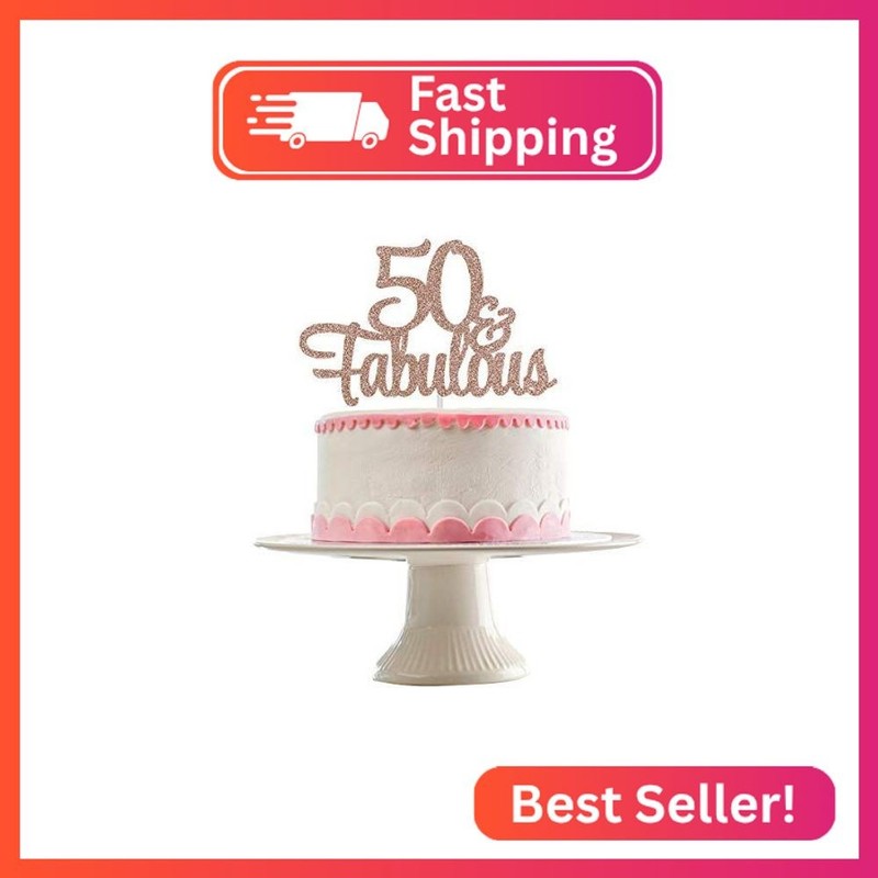 50 and Fabulous Rose Gold Glitter 50th Birthday Cake Topper for Women