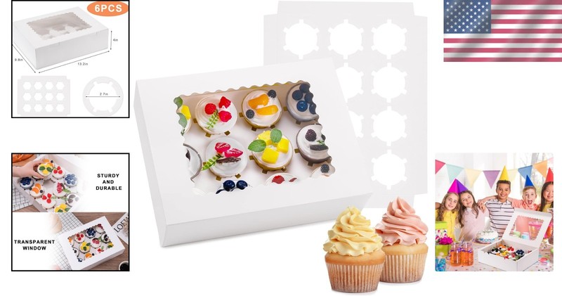 12 Cupcake Containers - Stylish White Bakery Boxes with Clear Viewing Window gallery