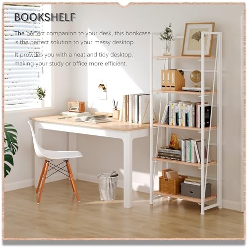 No Assembly Folding Bookshelf, 5-Shelf 62.2" H 5-Tier Natural and White gallery