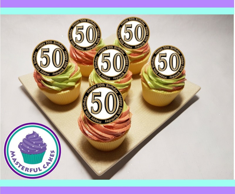 24 X 50th BIRTHDAY DESIGN CUPCAKE TOPPERS WAFER PAPER, ICING OR PRE-CUT gallery