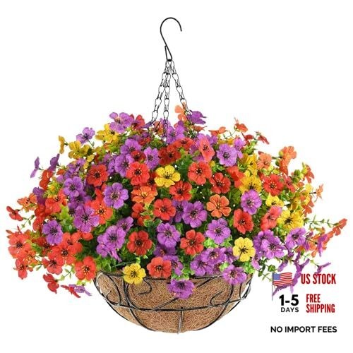 Artificial Faux Hanging Plants Flowers with Basket – 12 Mix Flowers + 1 Basket