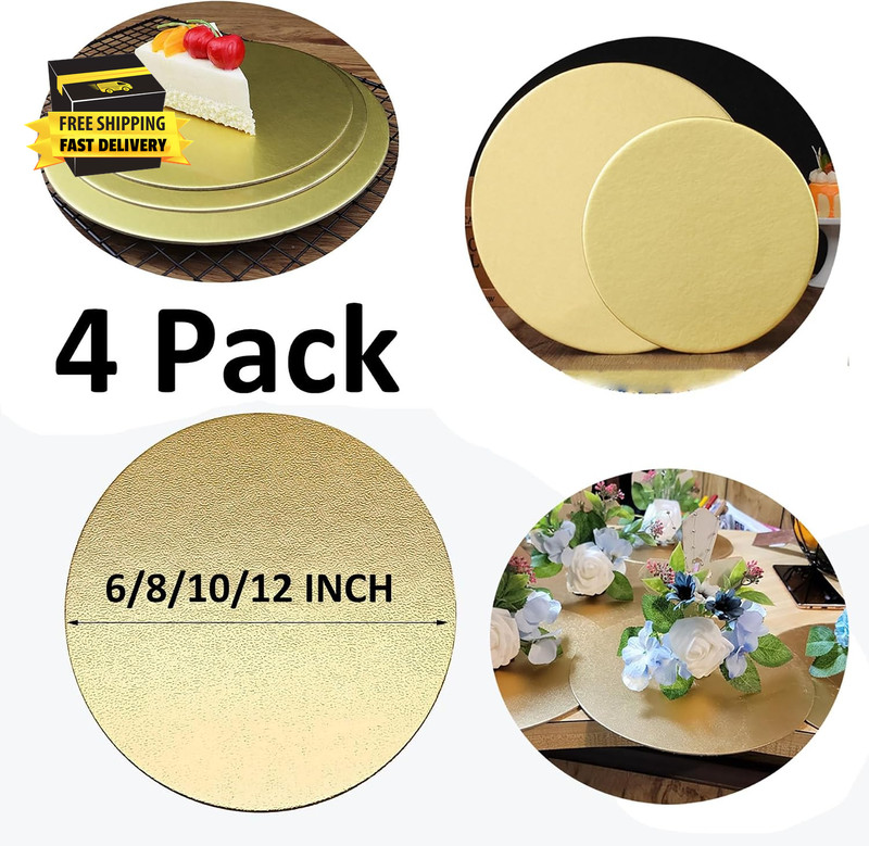 4 Pack Cake Boards 6, 8, 10, 12 Inch Cake Base Cardboard Sliver Foil round Cake gallery