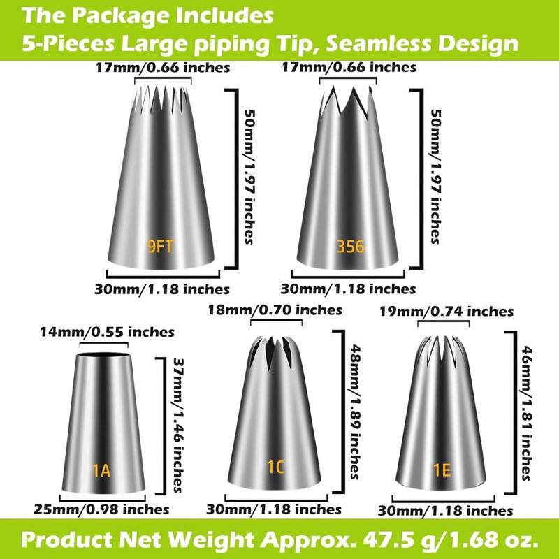 Large Piping Tips Set, Seamless Stainless Steel Cake Decorating Tips, 5 Pieces F gallery