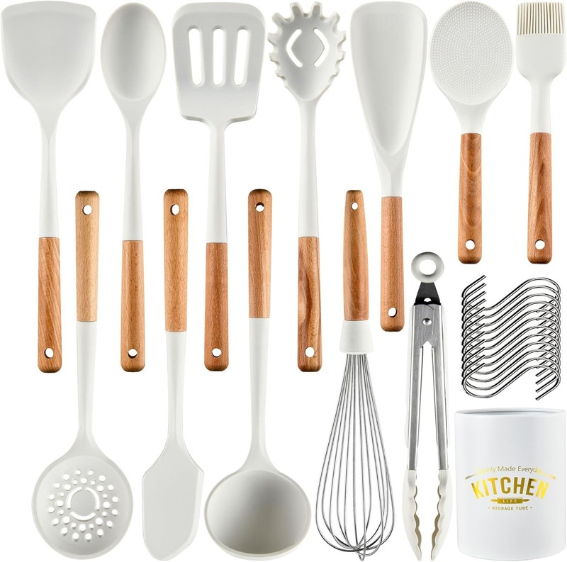 Silicone Kitchen Utensils Set,446°F Heat Resistant 13 Piece Wood Handle