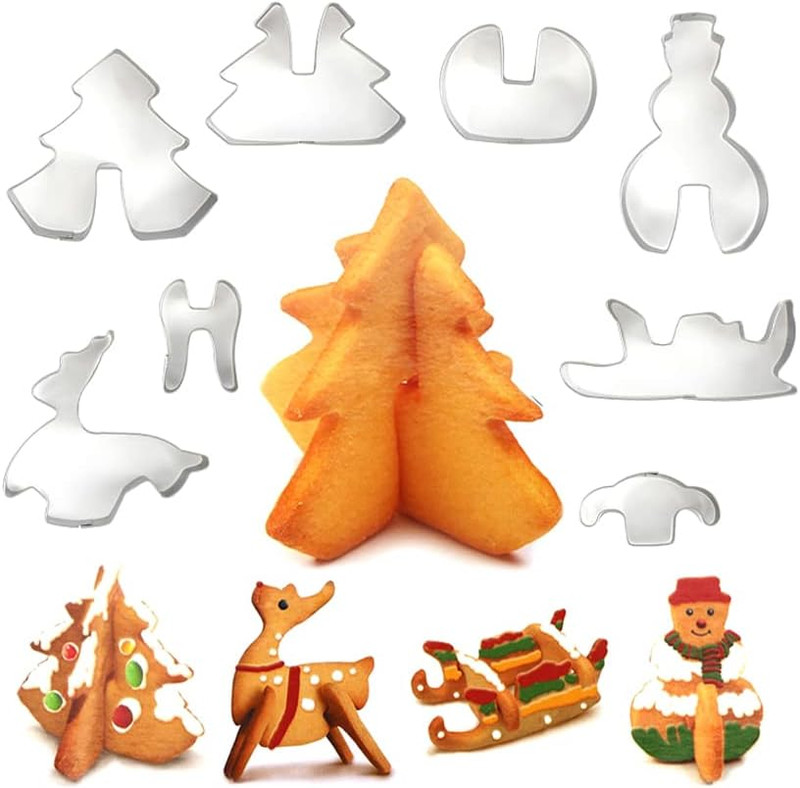 3D Christmas Cookie Cutters Shapes Set Stainless Steel Deer Sled Snowman Christm