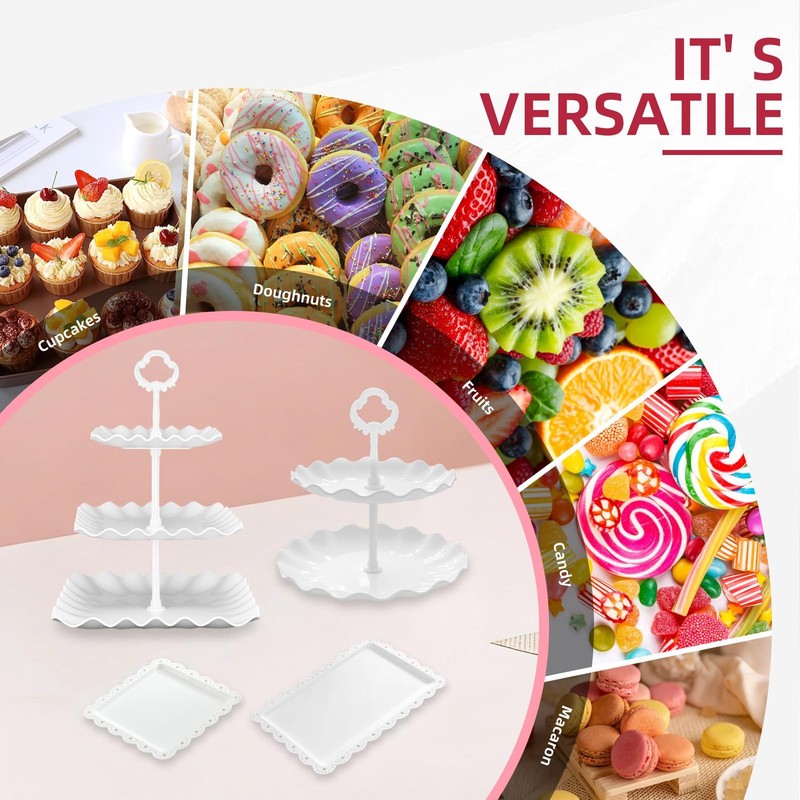 13PCS Cupcake Stand Set, 2-Tier Round & 3-Tier Square Trays, 4 Small Square +... gallery