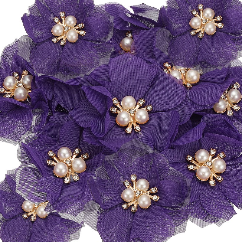 2.36 Inch Rhinestone Chiffon Flower, 15 Pcs Fabric Appliques, Deep Purple