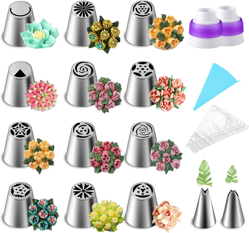 27 Pieces Russian Piping Tips Set, Cake Decorating Tips Baking Supplies for Cupc