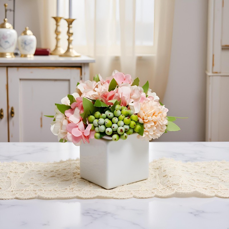 Ladada Artificial Hydrangea Flower Arrangement In Ceramic Vase And Vase Home gallery