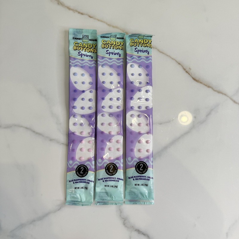 3 Packs Of Candy Buttons Purple / Pink Blue Raspberry, Grape, And Watermelon