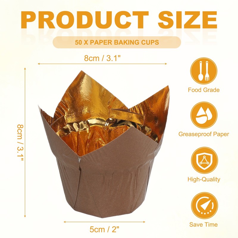 50Pcs For Tulip Baking Cups, Aluminum Foil Molds Gold/Coffee gallery