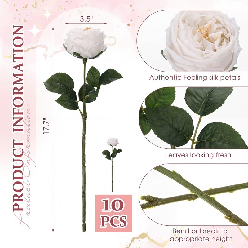 Daifunli 10Pcs Real Lifelike Peonies Artificial Flowers Faux Austin Rose Long gallery