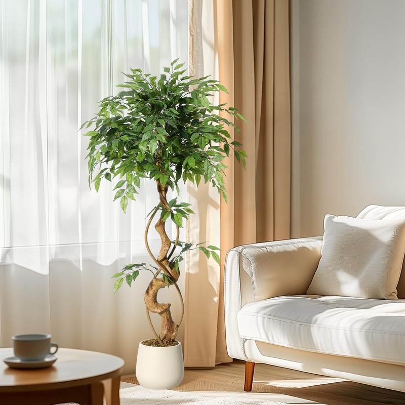Garveehome Ficus Artificial Tree Curved Trunk4 Ft Faux Plant Fake Silk Trees