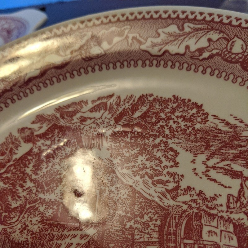 (3) Memory Lane Royal Ironstone Red Transferware Cake Plate USA 1965 gallery