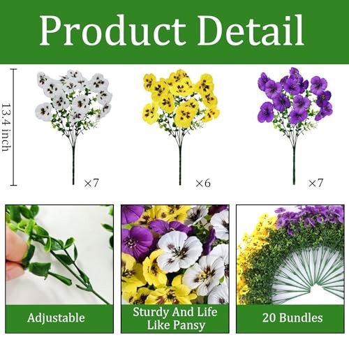 Artificial Fake Pansy Flowers for Outdoors, Faux 20 Pcs Purple, Yellow, White gallery