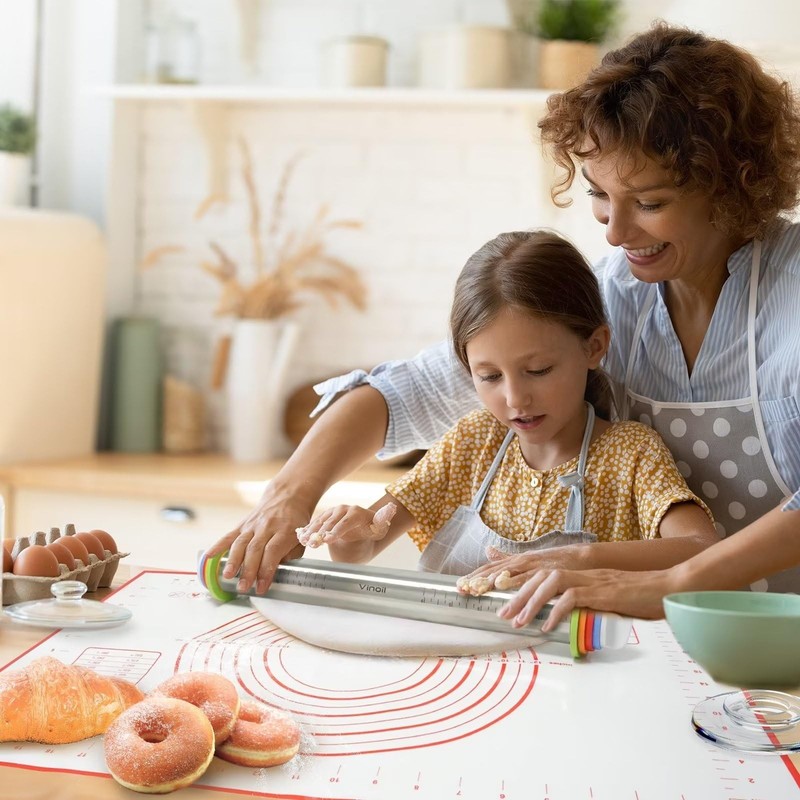 Stainless Steel Rolling Pin and Silicone Mat Set, Adjustable Thickness Rings ... gallery