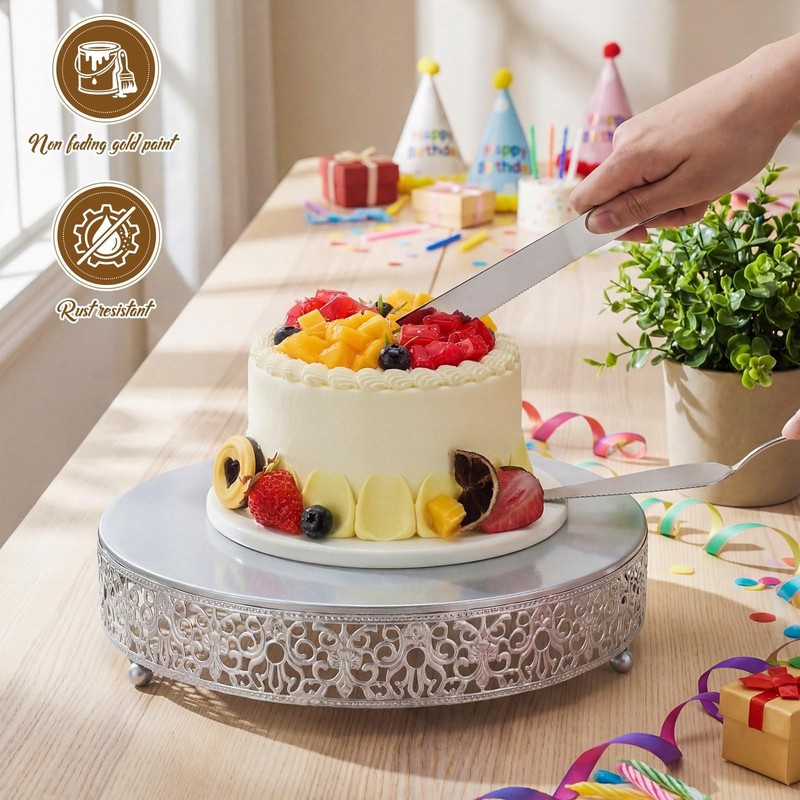 12 Inch Silver Cake Stand Set Metal Round Cupcake Dessert Stand with Cake Cut... gallery