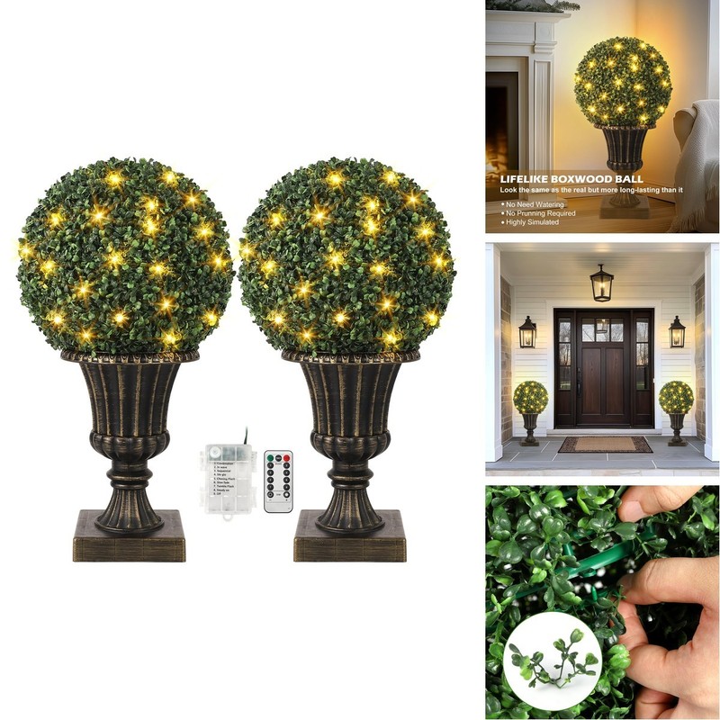 GarveeHome 16″ Artificial Plant Topiary Ball, Pre-Lit Artificial Topiary Plant