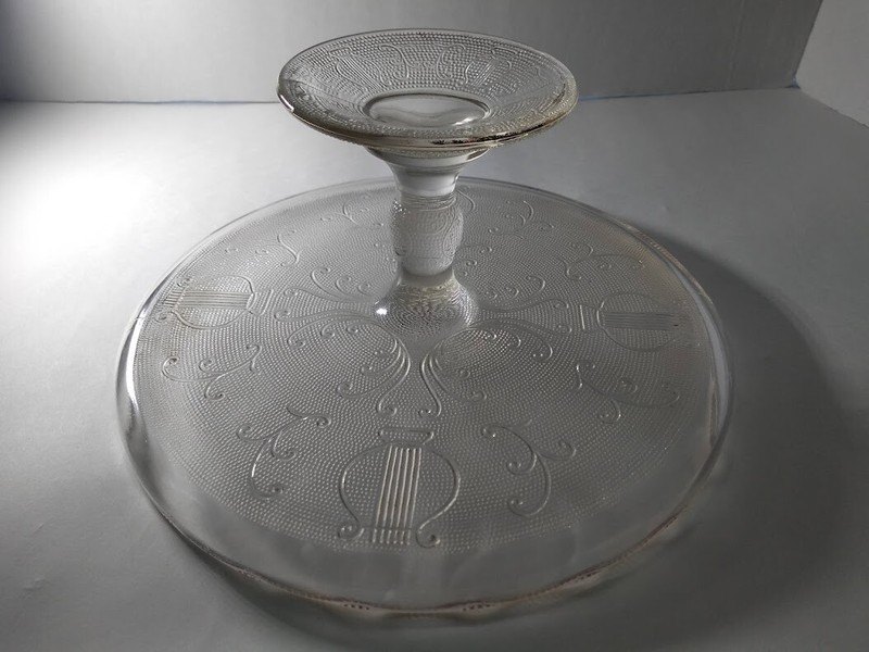 Vintage CAKE PEDESTAL PLATE Jeanette Glass HARP Scalloped Gold Rim gallery