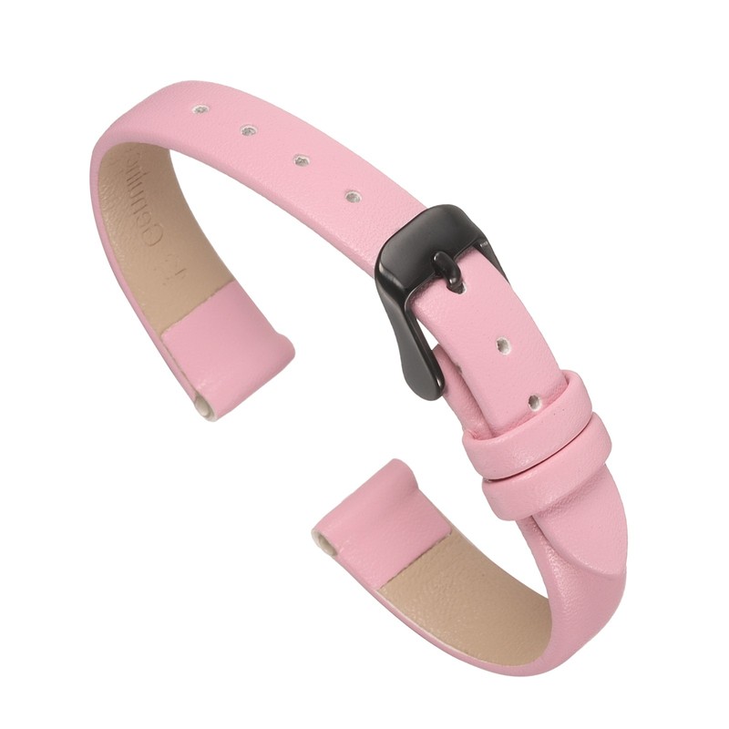 Leather Strap 12mm Flat for Pink/Black Watch with Buckle