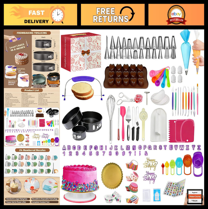720PCS Cake Decorating Set – Turntable, Pans, Piping Tips, Spatulas & Tools