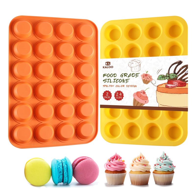 2PCS Silicone Mini Muffin Cupcake Pan, Kaloo 24 Cups, 2 Pack, Orange + Yellow