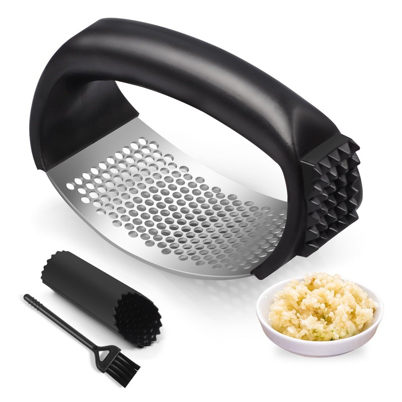 Pomyter Garlic Press Rocker, Stainless Steel Mincer and 4.3×2.8, Black