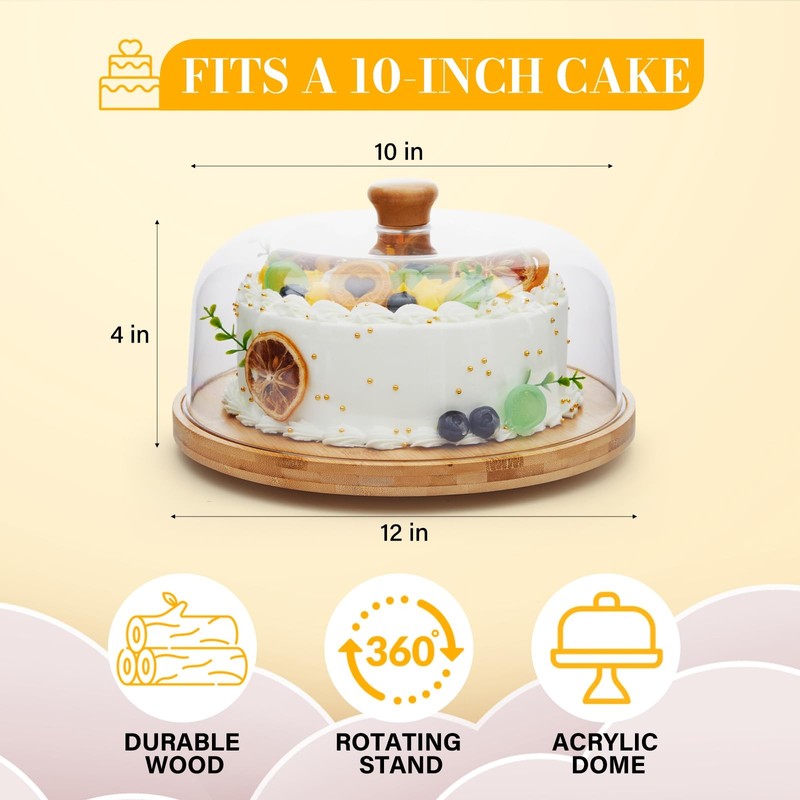 Rotating Cake Stand with Lid, 12'' Wood Food Plate with Cover, Serving Tray, ... gallery