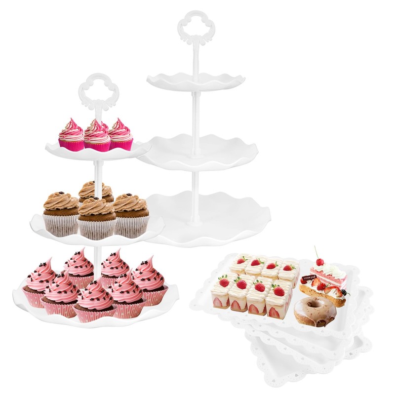 6 Pcs Cupcake Stand White Dessert Table Display Set 2 Pcs 3 Tier Plastic Cake…