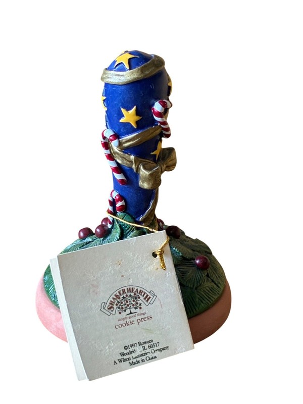 VINTAGE Shaker Hearth Cookie Press Blue Gold Stars Candy Cane Terracotta Handle