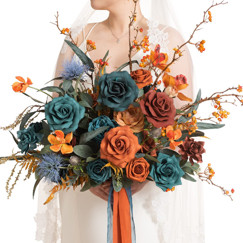 Ling’S Moment Lings Moment Teal Bridal Bouquet Burnt Orange Wedding Bouquets