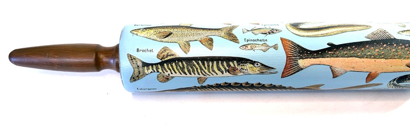 Decorative Painted Wooden Rolling Pin Vintage Fish Blue w/Dark Wood Handles gallery