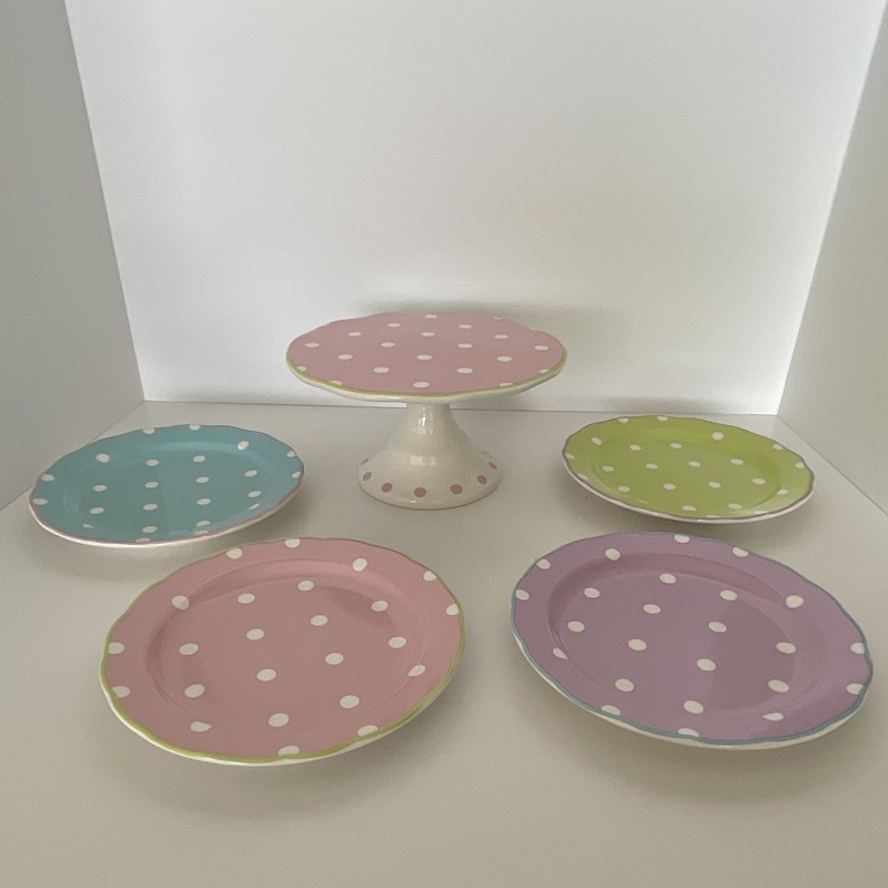 8in Ceramic Polka Dot Cake Stand Pedestal Set w/ Four 8in Plates Glossy gallery