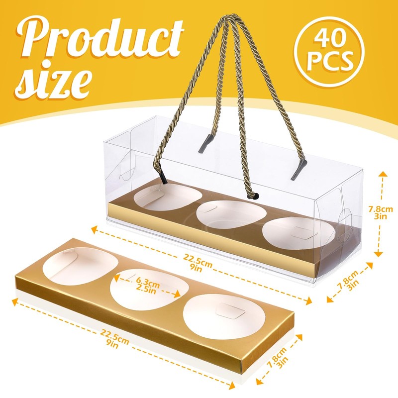 40 PCS Gold Clear Cupcake Boxes 3Count Containers With Handle 9x3x3 Inch gallery
