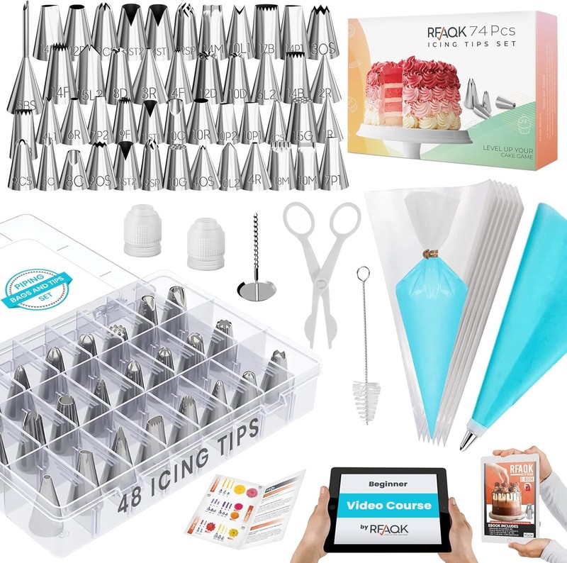 74 PCs Icing Piping Bags & Tips Set Cake Decorating Kit W/ 48-Numbered Piping
