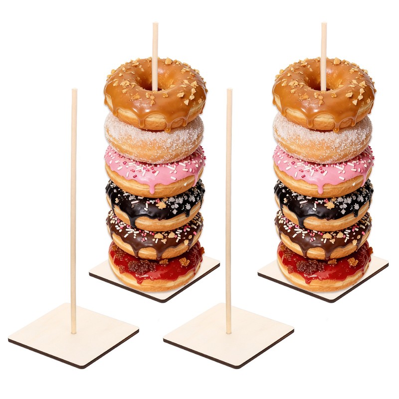 4 Pcs Wood Donut Stands, Bagel Holder Rounded Square for Dessert Table, Natural