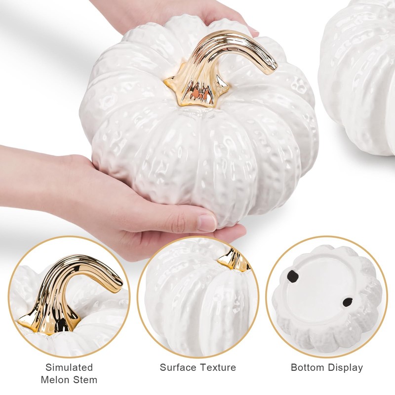 Quancru 7.9 Inch Fake Pumpkin Decorations Ceramic Figurines White Realistic gallery