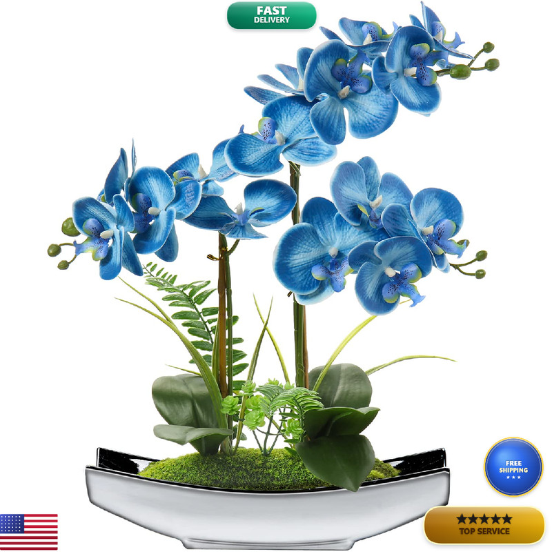 Orchids Artificial Flowers 15 Blue Phalaenopsis Orchid Silver Pots Real Touch