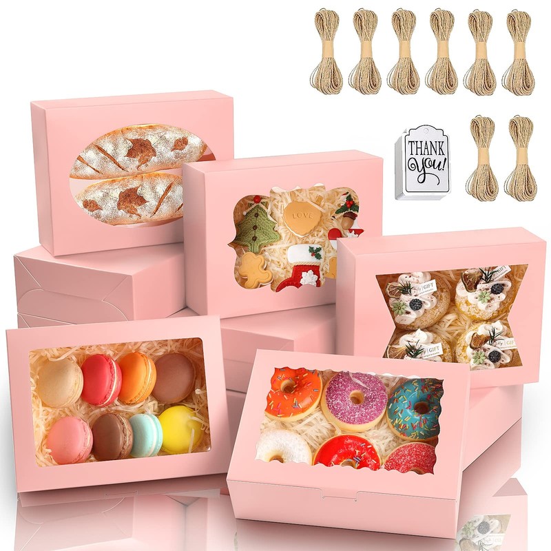 65 PCS Pink 8x6x2.5 Inch Cookie Boxes With Window Bakery Pastry Treat Cupcake
