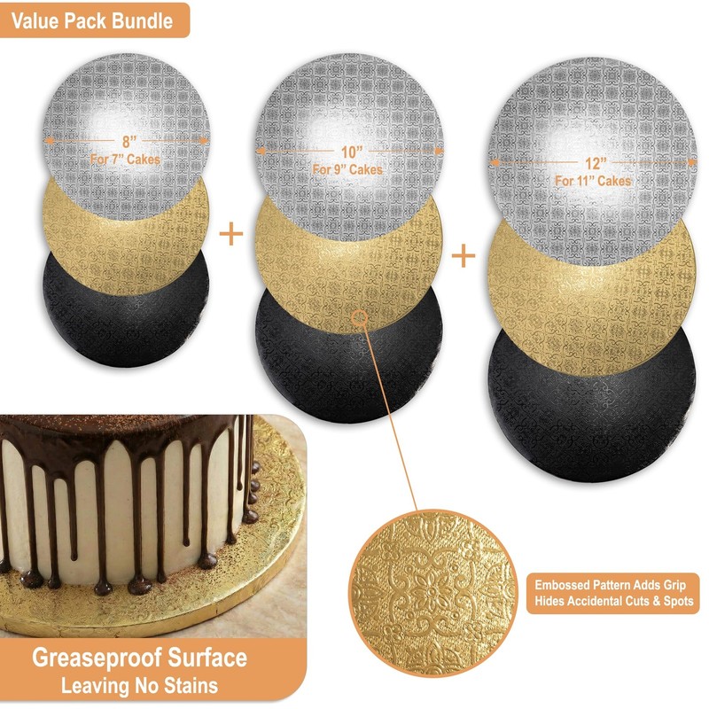 9 PCS Cake Drums 8/10/12 Inch Silver Gold Black 1/2 Inch Thick Circle Round gallery