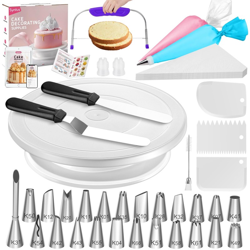 Syntus 65 PCs Cake Decorating Kit with Stand Turntable, 11″, White
