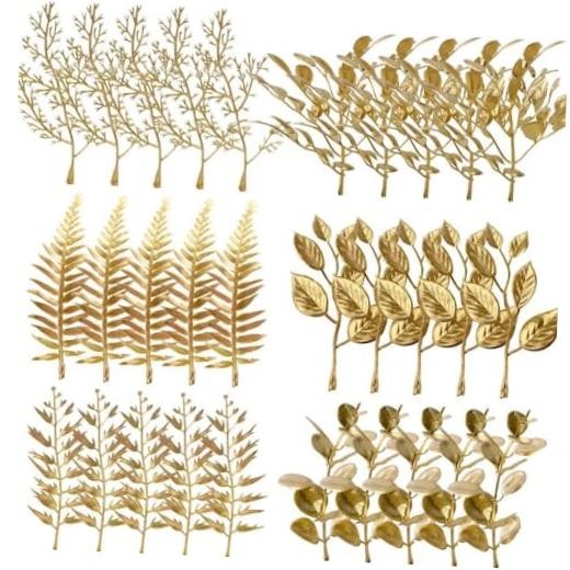 30Pcs Artificial Mini Golden Leaves 5inch Fake Gold Plants Foliage Stems