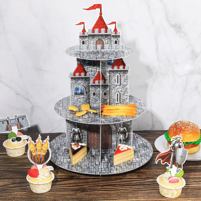 3 Tier Medieval Castle Cupcake Stand Decor with 24 Cake Toppers Knight Birthday gallery