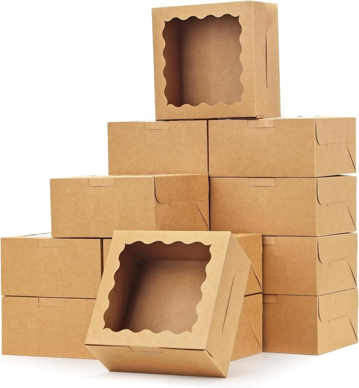 Cookie Boxes with Window, 6x6x3in Brown Bakery Boxes for Treats, Small Cake, …