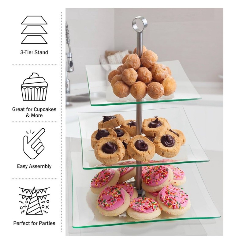 Home Dess Chef Buddy Three Tier Square Glass Buffet and Dessert Stand, 1 Pack
